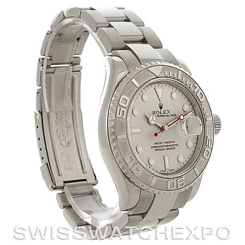 The image shows a side and front angle of the Rolex Yacht-Master 16622 Men's Stainless Steel Silver Dial 16622 Men's Stainless Steel Silver Dial watch, highlighting the face, bezel, bracelet, and partially open clasp.