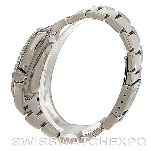 The image shows a side view of the Yacht-Master model watch by Rolex, highlighting its crown, case, and bracelet.