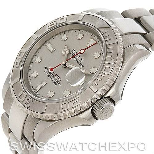 The Rolex Yacht-Master 16622 Men's Stainless Steel Silver Dial 16622 Men's Stainless Steel Silver Dial watch is shown at an angle highlighting the face, bezel, crown, and part of the bracelet.
