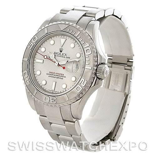 The image shows a Rolex Yacht-Master 16622 Men's Stainless Steel Silver Dial 16622 Men's Stainless Steel Silver Dial watch from an angled side view, highlighting the dial, bezel, bracelet, and clasp.