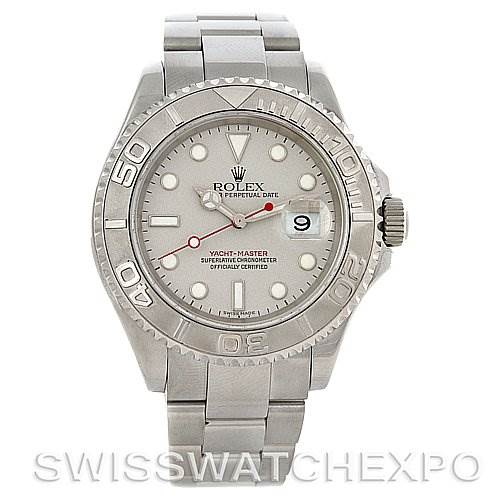 The image shows a front view of the Rolex Yacht-Master 16622 Men's Stainless Steel Silver Dial 16622 Men's Stainless Steel Silver Dial watch, displaying the dial, bezel, bracelet, and date window.