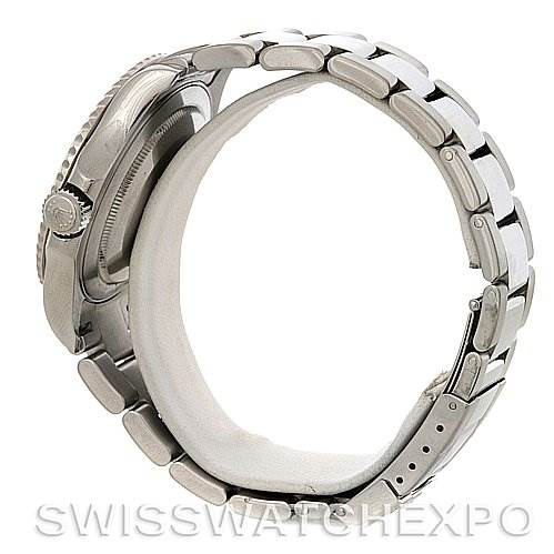 The image shows a side angle view of the Rolex Yacht-Master 16622 Men's Stainless Steel Silver Dial 16622 Men's Stainless Steel Silver Dial watch, highlighting the crown, bezel, and bracelet.