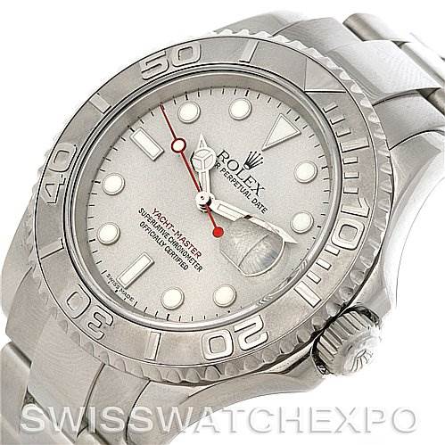 This image shows a close-up of the Rolex Yacht-Master 16622 Men's Stainless Steel Silver Dial 16622 Men's Stainless Steel Silver Dial watch face, crown, and part of the bracelet at a slight angle.