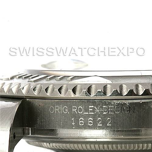 The image shows a close-up side view of the Rolex Yacht-Master 16622 Men's Stainless Steel Silver Dial 16622 Men's Stainless Steel Silver Dial watch, highlighting the engraved model number 16622 and the bezel.