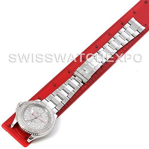 The image shows a top-down view of a Rolex Yacht-Master 16622 Men's Stainless Steel Silver Dial 16622 Men's Stainless Steel Silver Dial watch, focusing on the bracelet and part of the case.