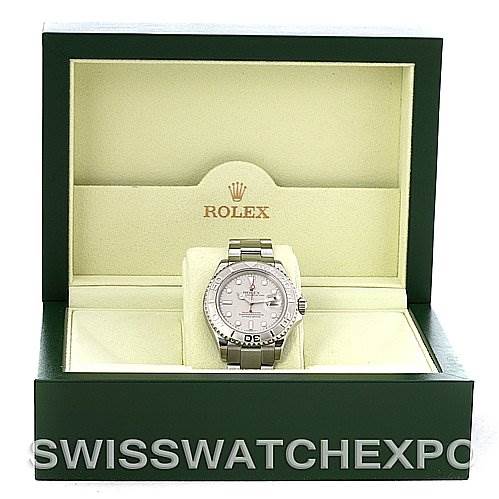 The image shows a Rolex Yacht-Master 16622 Men's Stainless Steel Silver Dial 16622 Men's Stainless Steel Silver Dial watch inside its open green and beige presentation box from a straight-on angle.