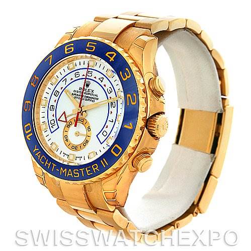 This image features a Rolex Yacht-Master 116688WAO Men's Yellow Gold White Dial 116688WAO Men's Yellow Gold White Dial II watch, angled to showcase the face, bezel, crown, and bracelet.