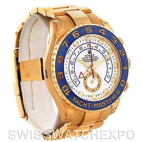 The image shows a side and front view of a Rolex Yacht-Master 116688WAO Men's Yellow Gold White Dial 116688WAO Men's Yellow Gold White Dial II, detailing its gold casing, blue bezel, and white dial.