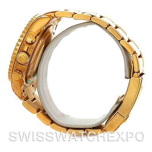 The image shows a side view of a Rolex Yacht-Master 116688WAO Men's Yellow Gold White Dial 116688WAO Men's Yellow Gold White Dial watch, highlighting the crown, case, and bracelet.