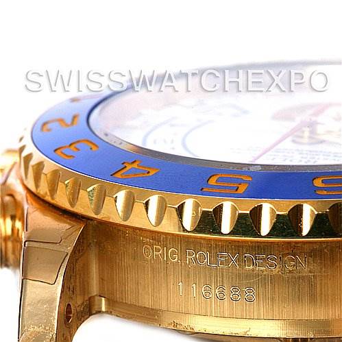 The image shows a close-up side view of the Rolex Yacht-Master 116688WAO Men's Yellow Gold White Dial 116688WAO Men's Yellow Gold White Dial, highlighting the case, bezel, and model engraving.