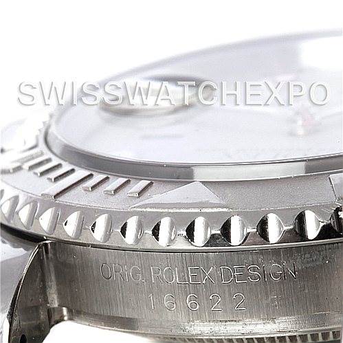 This image shows a close-up side view of the bezel and case of a Rolex Yacht-Master 16622 Men's Stainless Steel Silver Dial 16622 Men's Stainless Steel Silver Dial watch, featuring the engraved design reference.
