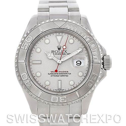 The image shows a front view of a Rolex Yacht-Master 16622 Men's Stainless Steel Silver Dial 16622 Men's Stainless Steel Silver Dial watch, highlighting the dial, hands, bezel, crown, and bracelet.