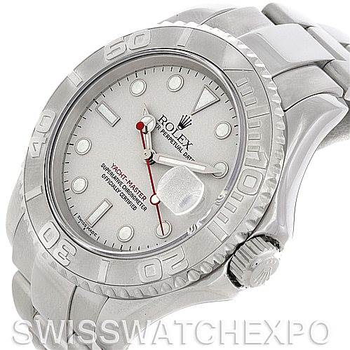 The image shows a Rolex Yacht-Master 16622 Men's Stainless Steel Silver Dial 16622 Men's Stainless Steel Silver Dial watch from a slight side angle, highlighting the dial, bezel, and part of the bracelet.
