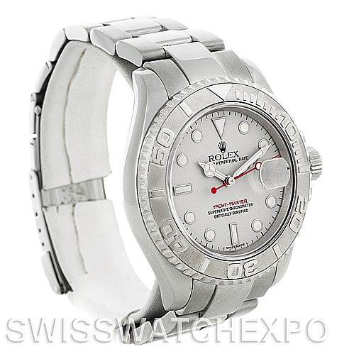 The image shows a Rolex Yacht-Master 16622 Men's Stainless Steel Silver Dial 16622 Men's Stainless Steel Silver Dial watch from a front angle, highlighting the face, bezel, and part of the bracelet.