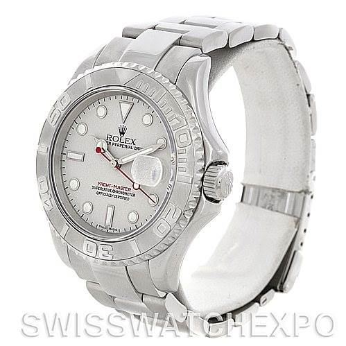 The image shows a Rolex Yacht-Master 16622 Men's Stainless Steel Silver Dial 16622 Men's Stainless Steel Silver Dial watch angled to display the face, bezel, crown, and partial silver bracelet.