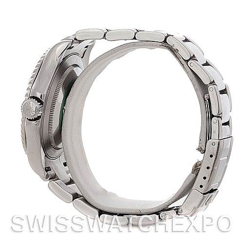 This image shows a side view of the Rolex Yacht-Master 16622 Men's Stainless Steel Silver Dial 16622 Men's Stainless Steel Silver Dial watch, highlighting the bracelet, crown, and clasp.