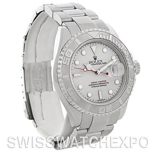 The Rolex Yacht-Master 16622 Men's Stainless Steel Silver Dial 16622 Men's Stainless Steel Silver Dial watch shown is viewed from a three-quarter angle, displaying the face, bezel, and part of the bracelet.