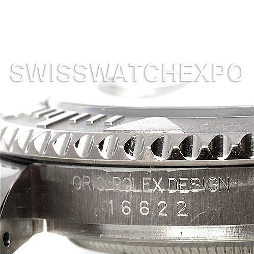 This image shows a close-up of the side of a Rolex Yacht-Master 16622 Men's Stainless Steel Silver Dial 16622 Men's Stainless Steel Silver Dial watch, highlighting the bezel and engraved model number 16622.