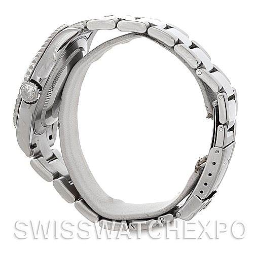 This Rolex Yacht-Master 16622 Men's Stainless Steel Silver Dial 16622 Men's Stainless Steel Silver Dial watch is shown from a side angle, highlighting the bracelet, clasp, crown, and case.