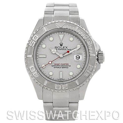This Rolex Yacht-Master 16622 Men's Stainless Steel Silver Dial 16622 Men's Stainless Steel Silver Dial model is shown from a straight-on angle, highlighting its face, bezel, bracelet, and dial details.