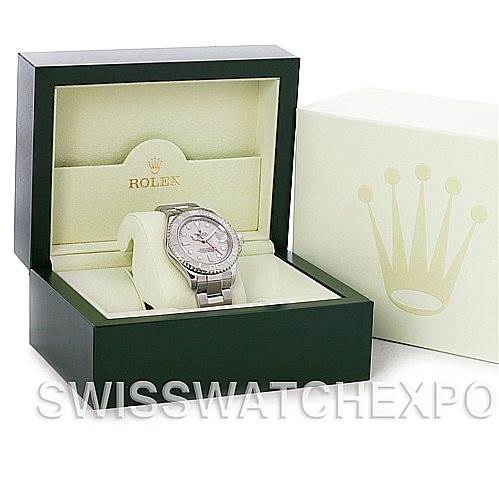 This image shows a Rolex Yacht-Master 16622 Men's Stainless Steel Silver Dial 16622 Men's Stainless Steel Silver Dial watch inside its green presentation box, with an outer cream box featuring the Rolex crown logo.