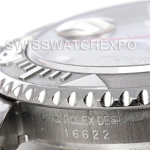 The image shows a close-up angled view of the Rolex Yacht-Master 16622 Men's Stainless Steel Silver Dial 16622 Men's Stainless Steel Silver Dial model, highlighting the bezel, dial edge, and case engraving.