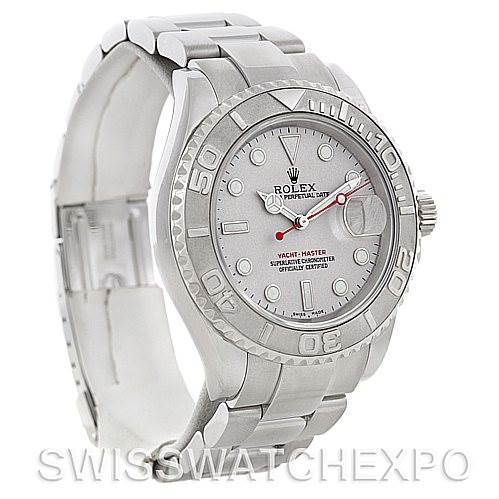 The Rolex Yacht-Master 16622 Men's Stainless Steel Silver Dial 16622 Men's Stainless Steel Silver Dial watch is angled to show the face, bezel, crown, and part of the bracelet.
