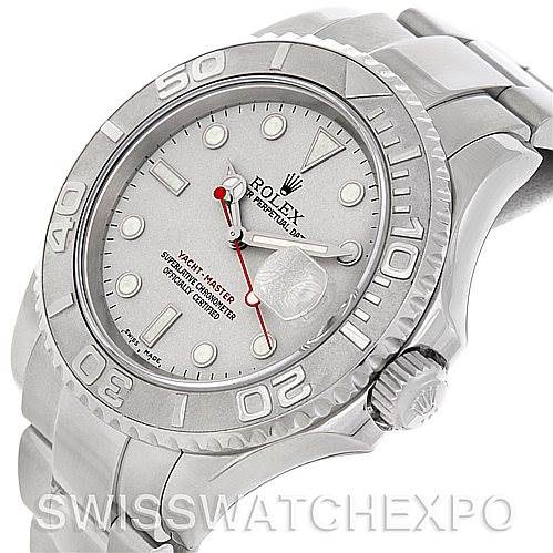 This image shows a Yacht-Master model by Rolex from a slightly angled side view, highlighting the dial, bezel, crown, and part of the bracelet.