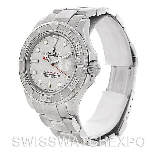 This image shows a Rolex Yacht-Master 16622 Men's Stainless Steel Silver Dial 16622 Men's Stainless Steel Silver Dial watch at an angle that displays the face, bezel, crown, and bracelet.