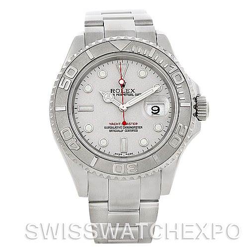The image shows a front view of a Rolex Yacht-Master 16622 Men's Stainless Steel Silver Dial 16622 Men's Stainless Steel Silver Dial watch, highlighting the dial, bezel, crown, and bracelet.