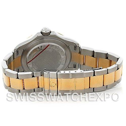 The image shows the back view of a Rolex Yacht-Master 16623 Men's Stainless Steel Blue Dial 16623 Men's Stainless Steel Blue Dial watch, focusing on the case back and the two-tone bracelet with a clasp.