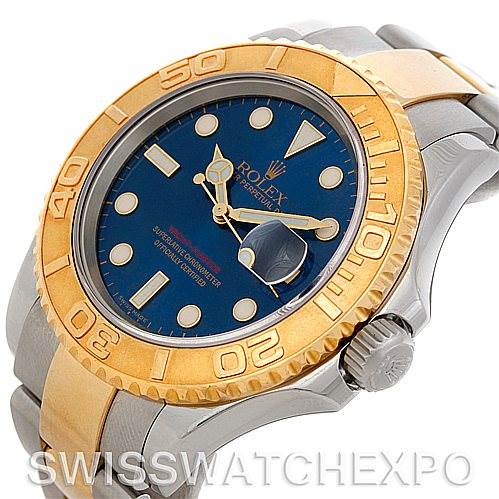 The image shows a side view of a Rolex Yacht-Master 16623 Men's Stainless Steel Blue Dial 16623 Men's Stainless Steel Blue Dial watch, highlighting the bezel, crown, and part of the bracelet.