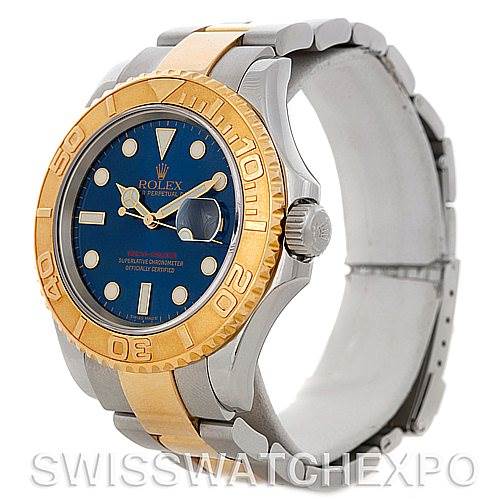 The Rolex Yacht-Master 16623 Men's Stainless Steel Blue Dial 16623 Men's Stainless Steel Blue Dial watch is shown at an angle highlighting the bezel, crown, and bracelet.