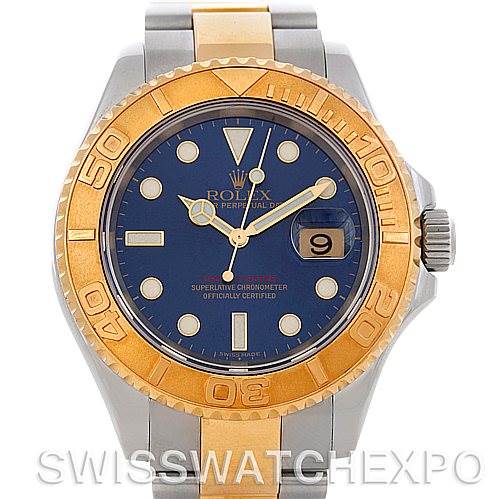 The Rolex Yacht-Master 16623 Men's Stainless Steel Blue Dial 16623 Men's Stainless Steel Blue Dial watch is shown from a front angle, displaying the dial, hands, date window, bezel, and part of the bracelet.