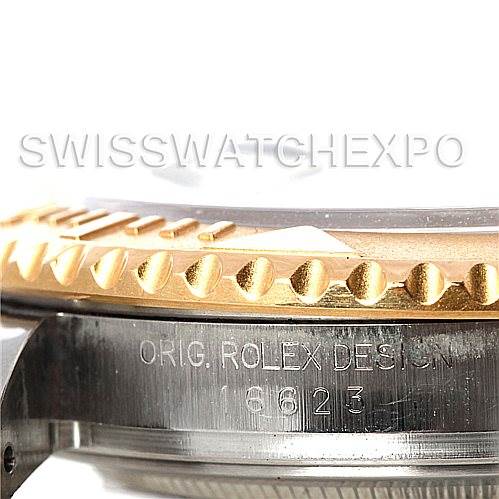 This image shows a close-up, angled view of the bezel and engraved case side of a Rolex Yacht-Master 16623 Men's Stainless Steel Blue Dial 16623 Men's Stainless Steel Blue Dial watch, highlighting its model number.