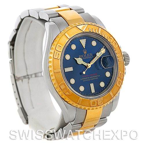 This image shows the front and side view of a Rolex Yacht-Master 16623 Men's Stainless Steel Blue Dial 16623 Men's Stainless Steel Blue Dial watch, highlighting its bezel, dial, and bracelet.