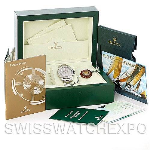 The image shows a Rolex Yacht-Master 168622 Stainless Steel Silver Dial 168622 Stainless Steel Silver Dial watch inside its green box with accompanying manuals, a warranty card, and a tag.