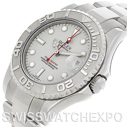 This image shows a side-front angle of the Rolex Yacht-Master 168622 Stainless Steel Silver Dial 168622 Stainless Steel Silver Dial watch, highlighting its face, bezel, crown, and part of the bracelet.