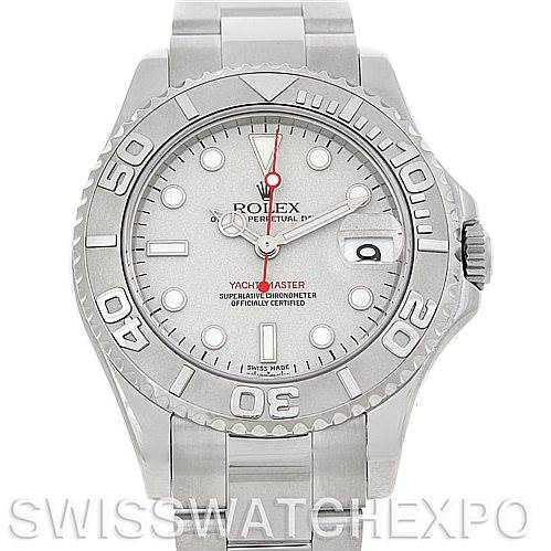 The image shows a front view of the Rolex Yacht-Master 168622 Stainless Steel Silver Dial 168622 Stainless Steel Silver Dial watch, highlighting the dial, bezel, and bracelet.