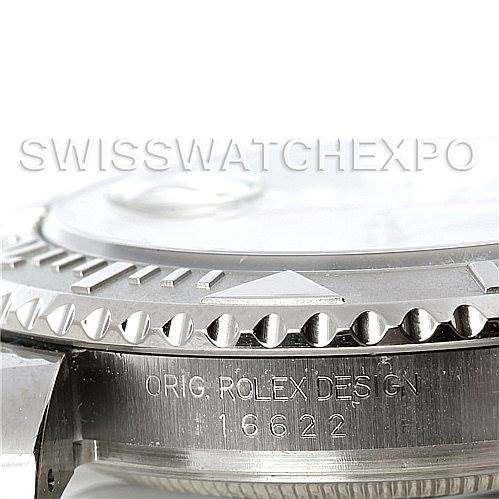 This close-up of the Rolex Yacht-Master 16622 Men's Stainless Steel Silver Dial 16622 Men's Stainless Steel Silver Dial watch shows the edge of the bezel and the case with the model number 16622 inscribed.