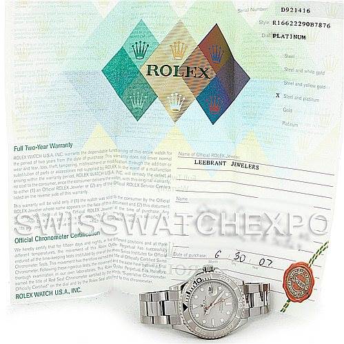 The Rolex Yacht-Master 16622 Men's Stainless Steel Silver Dial 16622 Men's Stainless Steel Silver Dial watch is displayed from a front angle alongside its warranty and certification documents.