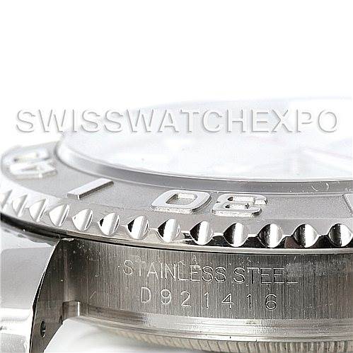 This image shows a close-up angle of the side and bezel of a Rolex Yacht-Master 16622 Men's Stainless Steel Silver Dial 16622 Men's Stainless Steel Silver Dial watch, highlighting its stainless steel material and serial number.