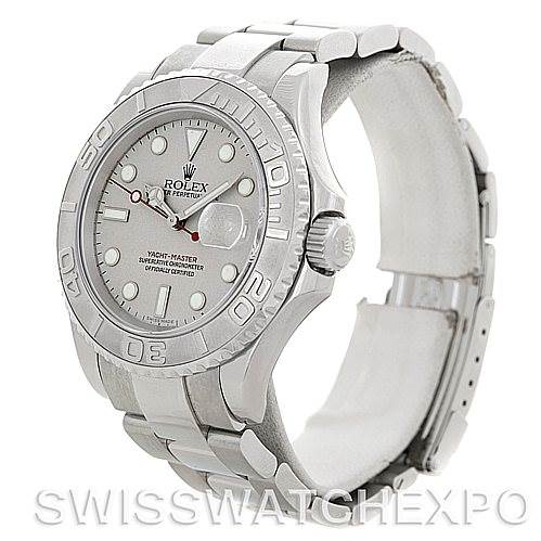 The image shows a front and side angle of the Rolex Yacht-Master 16622 Men's Stainless Steel Silver Dial 16622 Men's Stainless Steel Silver Dial watch, highlighting the bezel, dial, crown, and bracelet.
