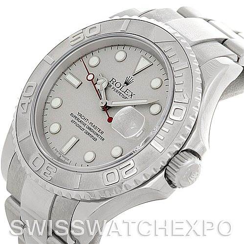 This image shows a angled close-up of the Rolex Yacht-Master 16622 Men's Stainless Steel Silver Dial 16622 Men's Stainless Steel Silver Dial watch, highlighting the bezel, dial, crown, and part of the bracelet.