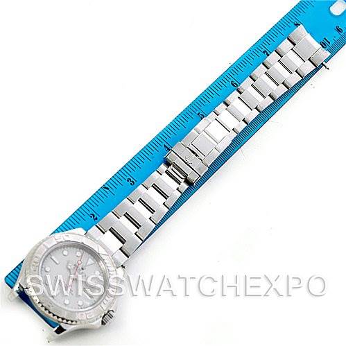 The image shows a Rolex Yacht-Master 16622 Men's Stainless Steel Silver Dial 16622 Men's Stainless Steel Silver Dial watch laid flat with the bracelet measured using a blue ruler.