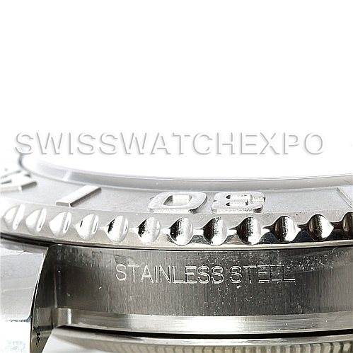 This close-up image shows the bezel and part of the stainless steel case of the Rolex Yacht-Master 16622 Men's Stainless Steel Silver Dial 16622 Men's Stainless Steel Silver Dial watch.