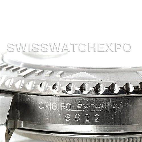 The image shows a close-up of the bezel and case of a Rolex Yacht-Master 16622 Men's Stainless Steel Silver Dial 16622 Men's Stainless Steel Silver Dial watch, specifically highlighting the "ORIG. ROLEX DESIGN 16622" engraving.