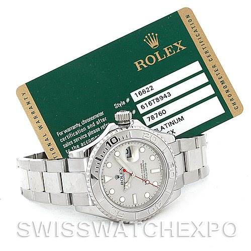 The image displays a Rolex Yacht-Master 16622 Men's Stainless Steel Silver Dial 16622 Men's Stainless Steel Silver Dial watch from a front angle, along with its certification card positioned in the background.