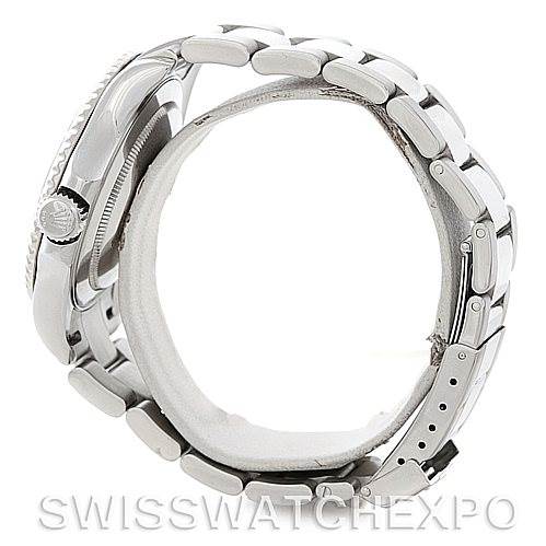 The image shows a side view of a Rolex Yacht-Master 16622 Men's Stainless Steel Silver Dial 16622 Men's Stainless Steel Silver Dial watch, focusing on its bracelet and crown.