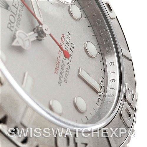 This image shows a close-up angle of the Rolex Yacht-Master 16622 Men's Stainless Steel Silver Dial 16622 Men's Stainless Steel Silver Dial watch, focusing on the bezel, dial, and part of the bracelet.